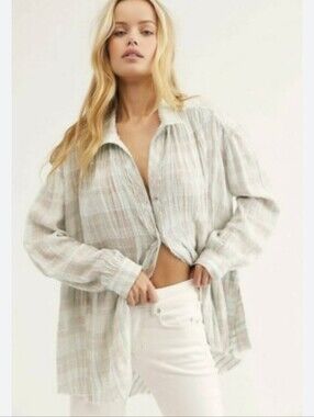 We The Free Lele Plaid Button-Down Shirt in Pale Green and White With Silver SM